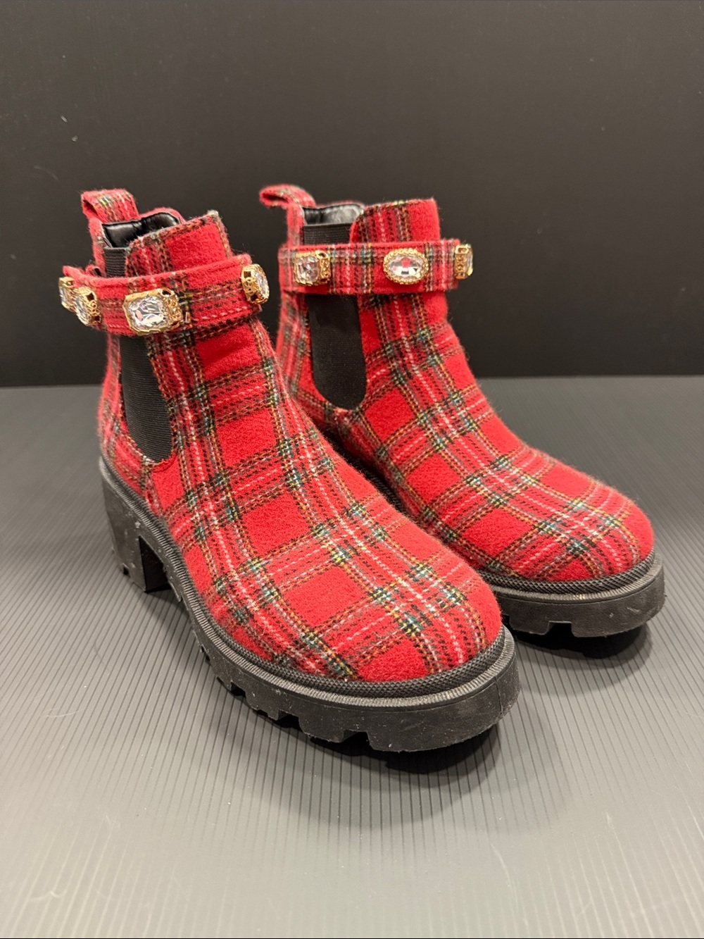 Sugar Red Plaid Chunky Chelsea Boot with Jeweled Buckle